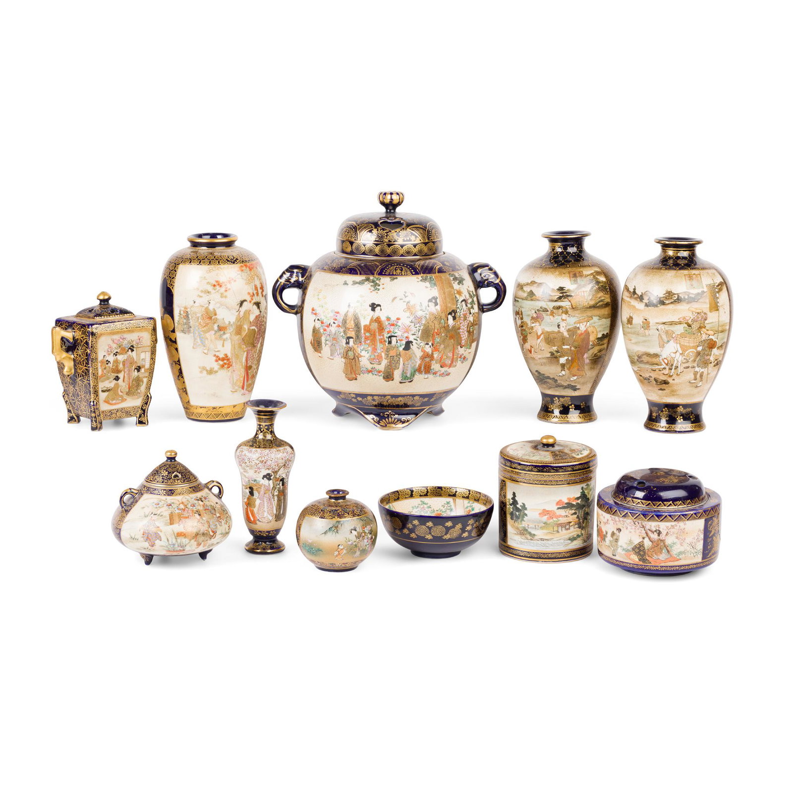 [A PRIVATE SCOTTISH COLLECTION] GROUP OF ELEVEN BLUE-GROUND SATSUMA WARES MEIJI TO TAISHO PERIOD: [A PRIVATE SCOTTISH COLLECTION] GROUP OF ELEVEN BLUE-GROUND SATSUMA WARES MEIJI TO TAISHO PERIOD 明治至大正 竹齋、楠部、金ࠠ