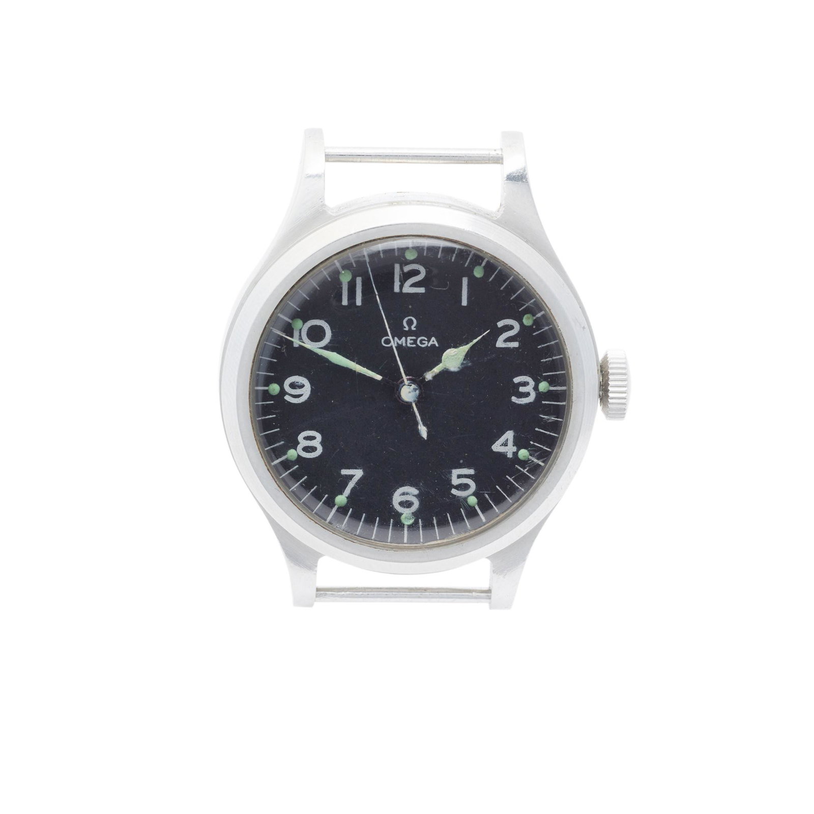 Omega: a military wristwatch: Omega: a military wristwatch RAF pilot issue, issued 1956, stainless steel case, signed Omega manual wind movement with OMEGA SWISS 15 JEWELS and numbered 9972977 dating it to 1939, signed round black
