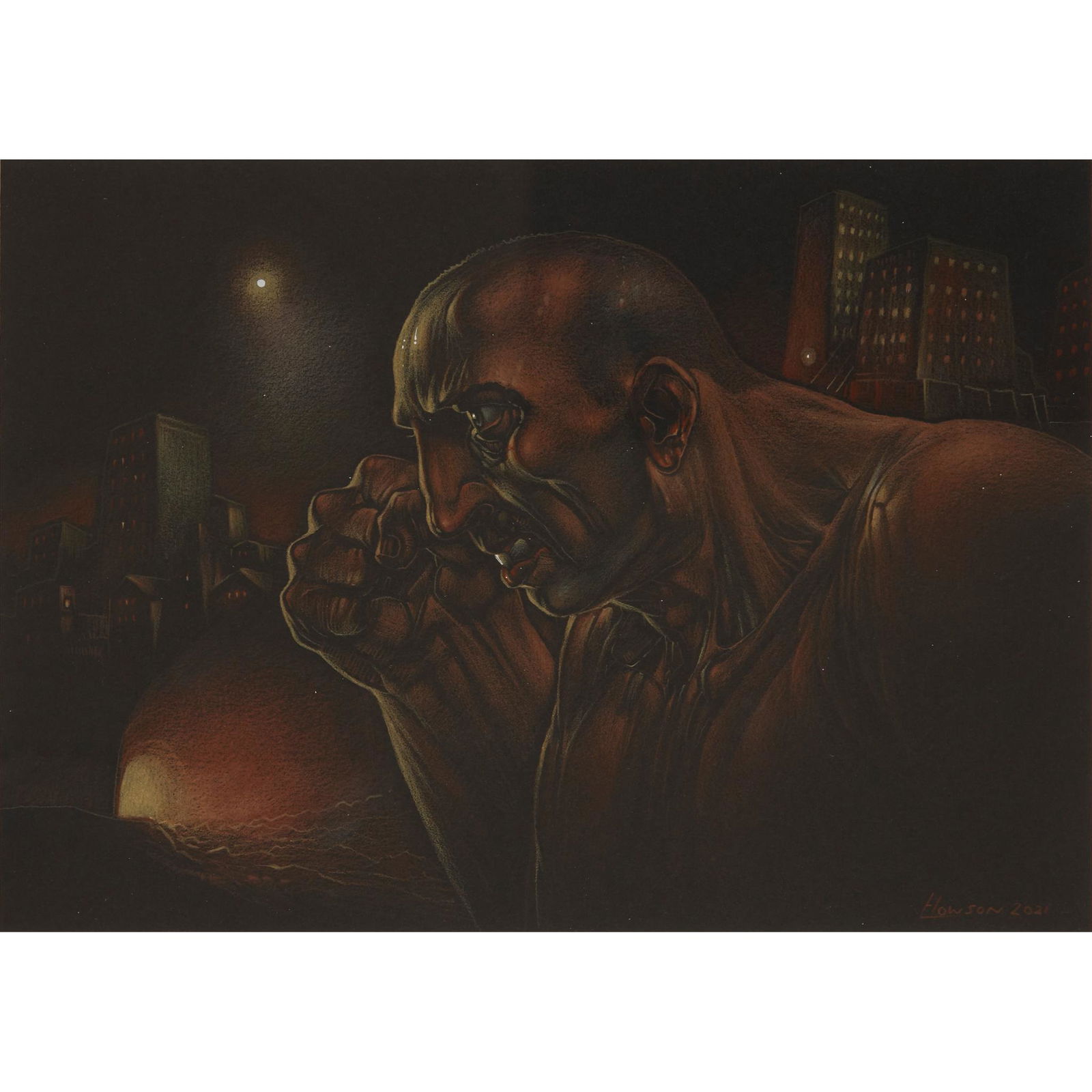 § PETER HOWSON O.B.E. (SCOTTISH 1958-) STEAM AND POWER - 2021: § PETER HOWSON O.B.E. (SCOTTISH 1958-) STEAM AND POWER - 2021 Signed and dated lower right, mixed media on black paper (20.5cm x 29cm (8in x 11.5in)) Provenance: Purchased directly from the artis