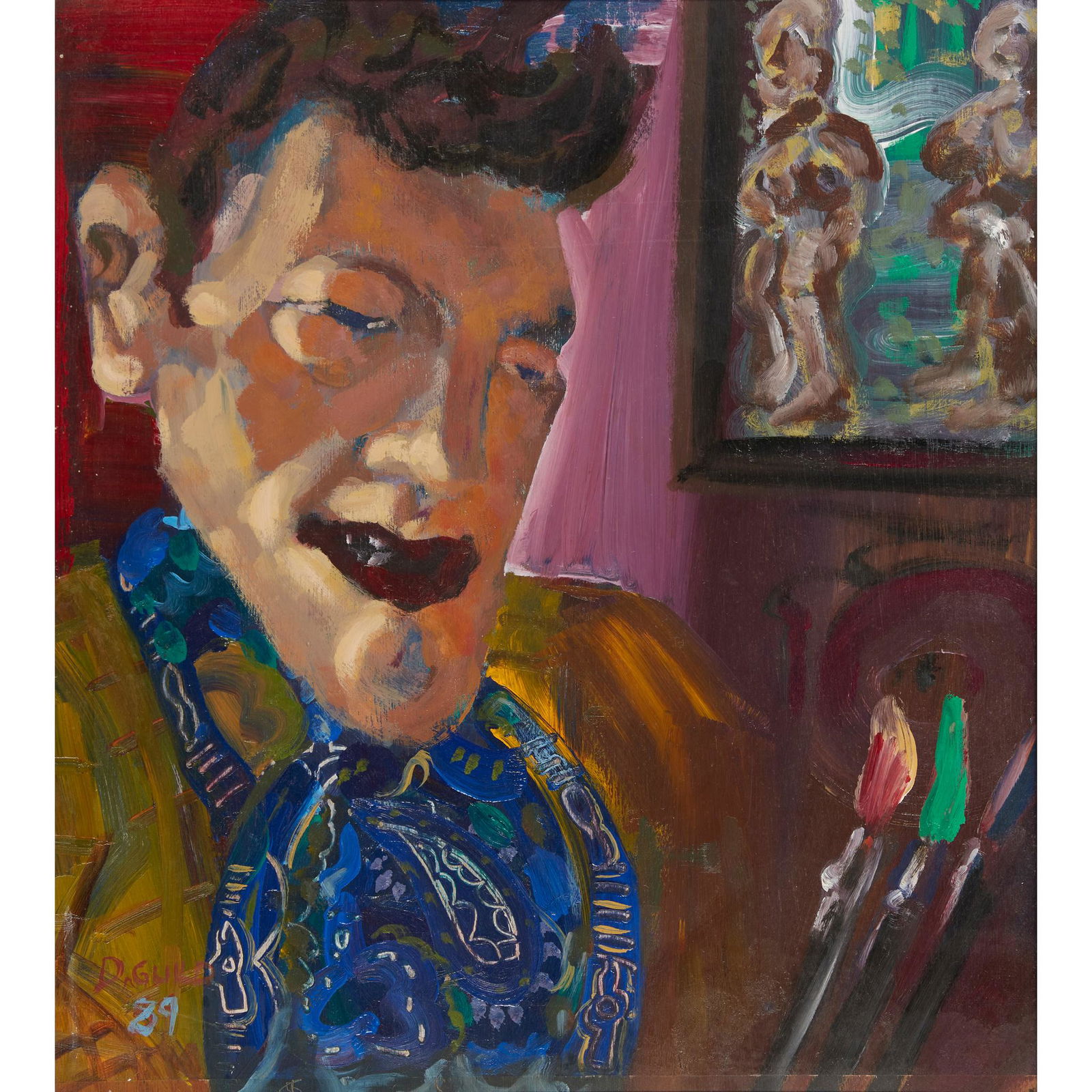 § DERRICK GUILD R.S.A (SCOTTISH 1961-) PORTRAIT OF THE ARTIST - 1989: § DERRICK GUILD R.S.A (SCOTTISH 1961-) PORTRAIT OF THE ARTIST - 1989 Signed and dated lower left, oil on panel (44cm x 39.5cm (17.25in x 15.5in)) Provenance: A gift from Derek when he visited Gle