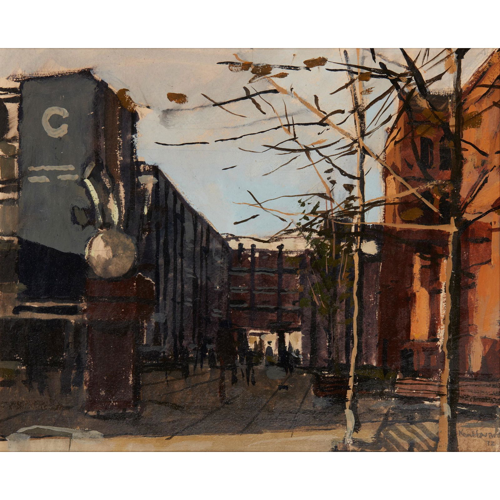§ KEN HOWARD R.A., O.B.E. (BRITISH 1932-2022) MANCHESTER STREET SCENE - 1972: § KEN HOWARD R.A., O.B.E. (BRITISH 1932-2022) MANCHESTER STREET SCENE - 1972 Signed and dated lower right, oil on card (25.5cm x 32cm (10in x 12.5in))