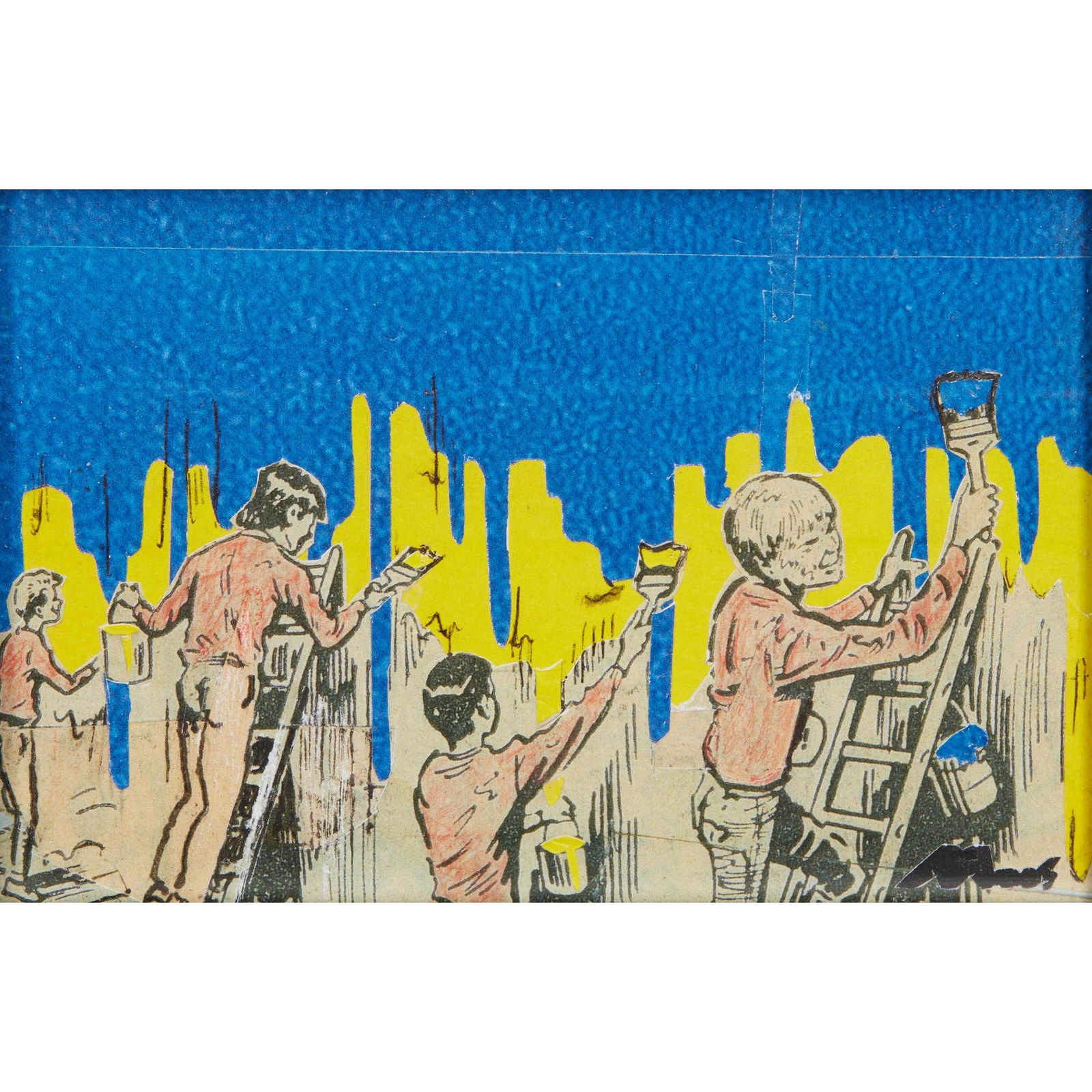 § DAVID MACH H.R.S.A., R.A. (SCOTTISH b.1956-) ON THE WALL (SLAVA UKRAINI)- 2022: § DAVID MACH H.R.S.A., R.A. (SCOTTISH b.1956-) ON THE WALL (SLAVA UKRAINI)- 2022 Signed with collaged signature lower right, collage and pen on board (9cm x 14.25cm (3.5in x 5.75in)) Note: Produc