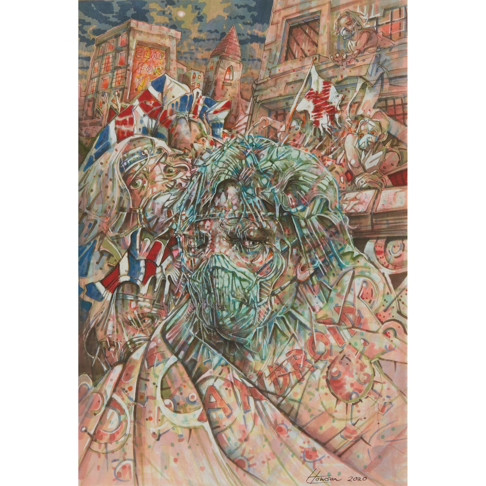 § PETER HOWSON O.B.E. (SCOTTISH 1958-) MINISTRY OF INFORMATION - 2020: § PETER HOWSON O.B.E. (SCOTTISH 1958-) MINISTRY OF INFORMATION - 2020 Signed and dated lower right, mixed media (30cm x 20cm (11.75in x 8in)) Provenance: From the artist's studio.