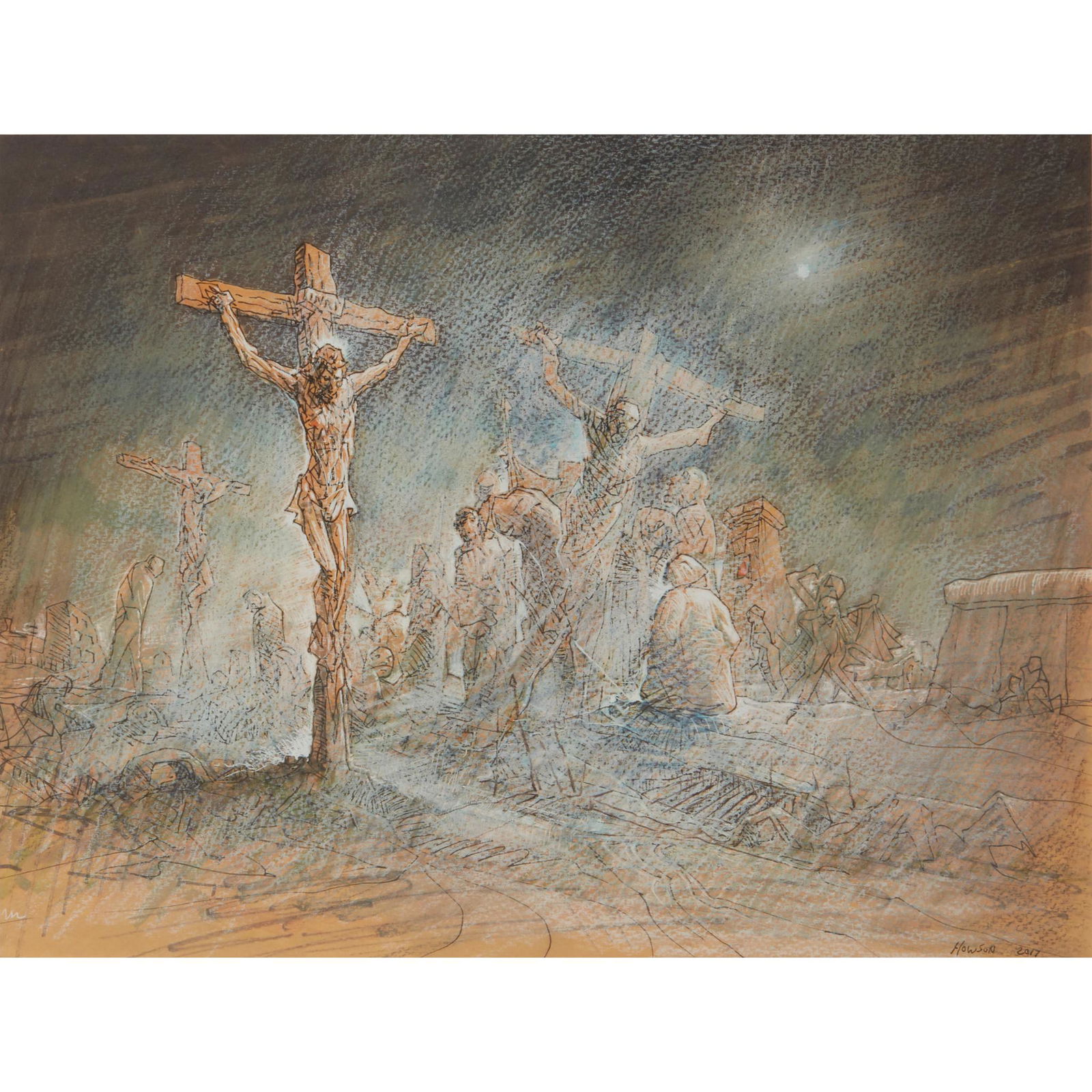 § PETER HOWSON O.B.E. (SCOTTISH 1958-) CRUCIFIXION - 2017: § PETER HOWSON O.B.E. (SCOTTISH 1958-) CRUCIFIXION - 2017 Signed and dated lower right, mixed media on coloured paper (22.5cm x 30cm (9in x 11.75in)) Provenance: From the artist's studio.