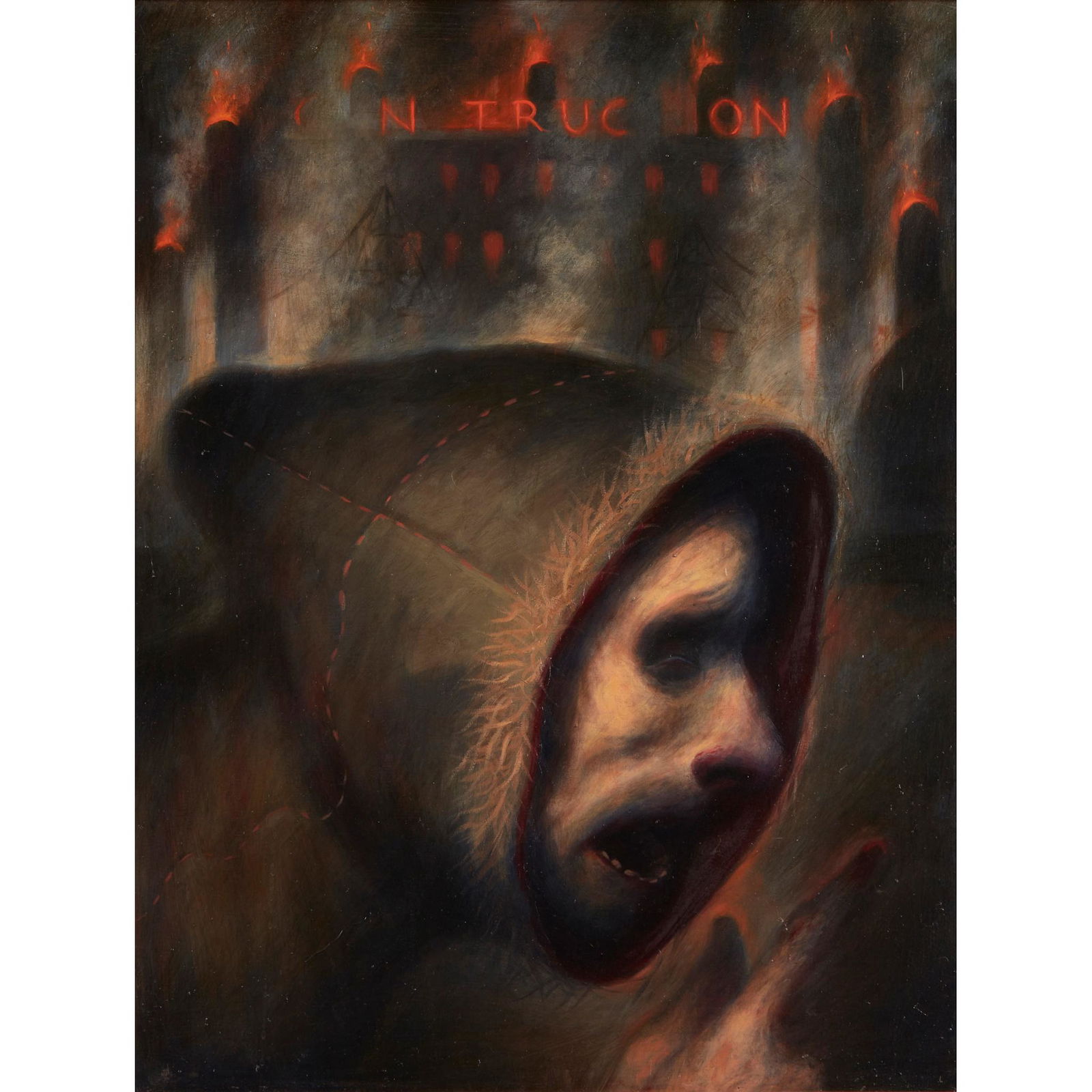 § KEN CURRIE (SCOTTISH 1960-) HEAD OF AN IDIOT - 1991: § KEN CURRIE (SCOTTISH 1960-) HEAD OF AN IDIOT - 1991 Signed, dated 19/1/91 and titled verso, oil on board (45cm x 34.5cm (17.75in x 13.5in))