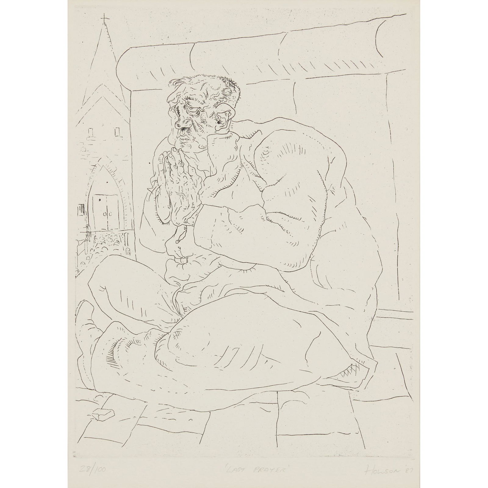 § PETER HOWSON O.B.E. (SCOTTISH 1958-) LAST PRAYER - 1987: § PETER HOWSON O.B.E. (SCOTTISH 1958-) LAST PRAYER - 1987 Etching, 28/100, signed, dated, inscribed and numbered in pencil to margin (the plate 32cm x 24cm (12.5in x 9.5in))