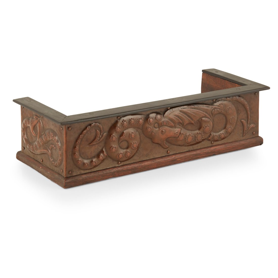 JOHN PEARSON (1859-1930) BOOK TROUGH, CIRCA 1900: JOHN PEARSON (1859-1930) BOOK TROUGH, CIRCA 1900 oak, with repoussÃ©-decorated copper panels (36cm wide, 9.8cm high, 14cm deep)
