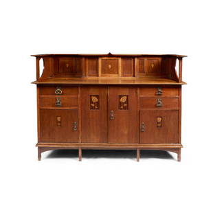 ERNEST ARCHIBALD TAYLOR (1874-1951) FOR WYLIE & LOCHHEAD, GLASGOW SIDEBOARD, CIRCA 1902: ERNEST ARCHIBALD TAYLOR (1874-1951) FOR WYLIE & LOCHHEAD, GLASGOW SIDEBOARD, CIRCA 1902 inlaid oak, with patinated metal fittings (191cm wide, 132cm high, 68cm deep) Note: Initially apprenticed in the