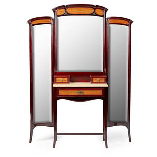 MANNER OF OTTO WAGNER SECESSIONIST DRESSING TABLE, CIRCA 1900: MANNER OF OTTO WAGNER SECESSIONIST DRESSING TABLE, CIRCA 1900 stained mahogany, walnut, mirrored glass and marble (131cm wide, 174cm high, 43cm deep)