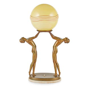 JOSEF LORENZL (1892-1950) (ATTRIBUTED TO) ART DECO DOUBLE LADY TABLE LAMP, CIRCA 1925: JOSEF LORENZL (1892-1950) (ATTRIBUTED TO) ART DECO DOUBLE LADY TABLE LAMP, CIRCA 1925 patinated metal, raised on an alabaster plinth and with opaque glass shade (51cm high)