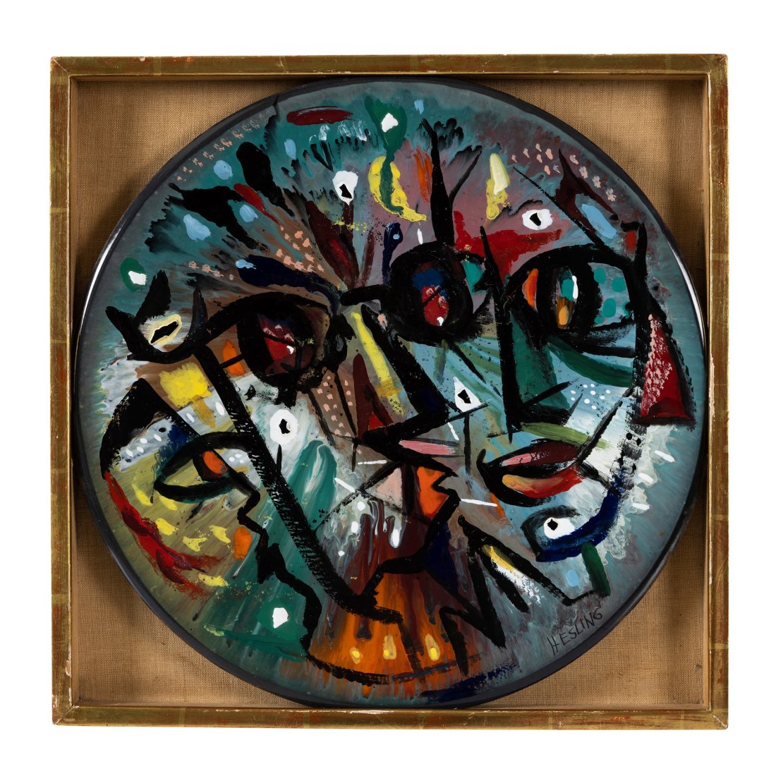 § BERNARD HESLING (1905-1987) ABSTRACT ROUNDEL: Â§ BERNARD HESLING (1905-1987) ABSTRACT ROUNDEL enamel on steel, painted HESLING, mounted in gilt frame (42cm square in frame)