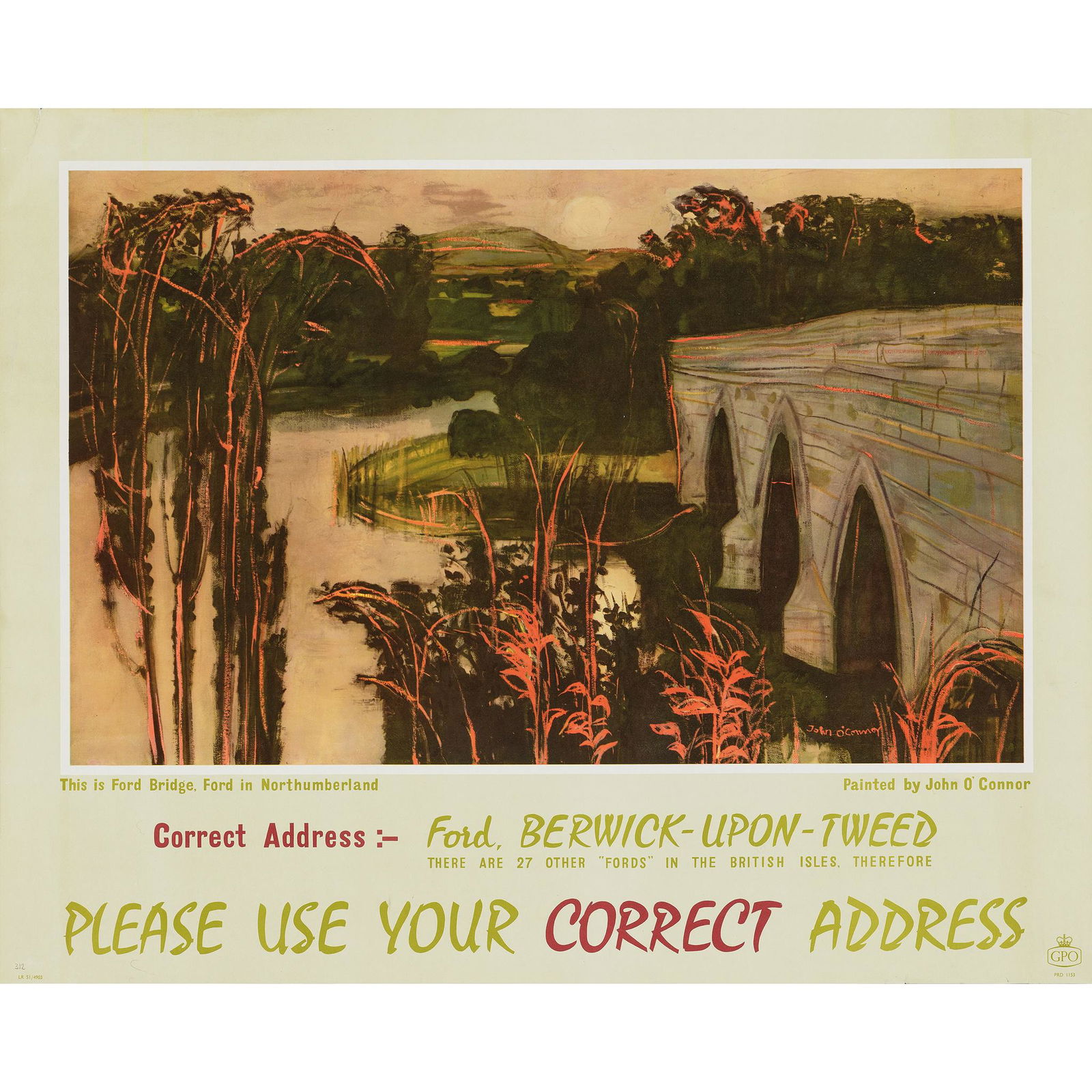 John O'Connor (1913- 2004) Ford, Berwick Upon Tweed: John O'Connor (1913- 2004) Ford, Berwick Upon Tweed offset lithographic poster, c.1960, condition A-; not backed (29 x 36 in. (74 x 91 cm.))