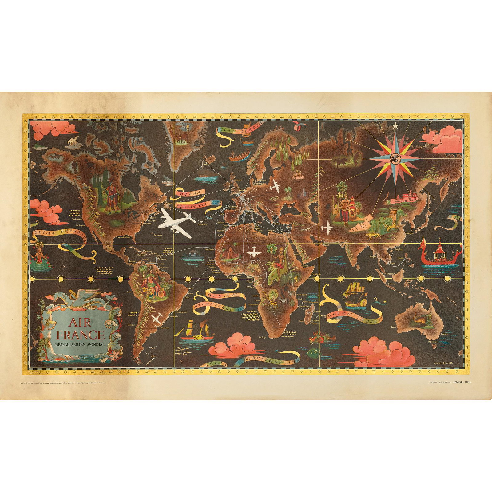 Lucien Boucher (1889–1971) Air France map: Lucien Boucher (1889–1971) Air France map lithographic poster, 1948, condition A-; not backed (24 x 39 in. (61 x 99cm.))