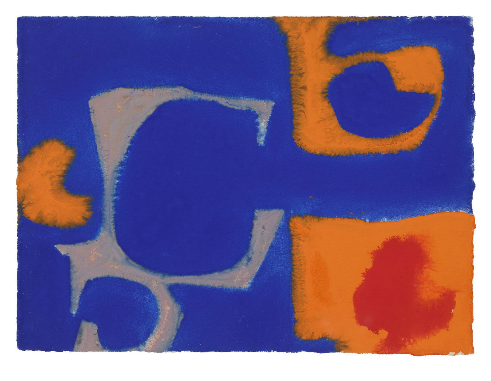 § Patrick Heron C.B.E (British 1920-1999) Marigold, Crimson and Ultramarine, September 1968,: § Patrick Heron C.B.E (British 1920-1999) Marigold, Crimson and Ultramarine, September 1968, 1968 signed, titled and dated on artist's label (verso) gouache on paper (17.7cm x 23.7cm (7in x 9 1/4