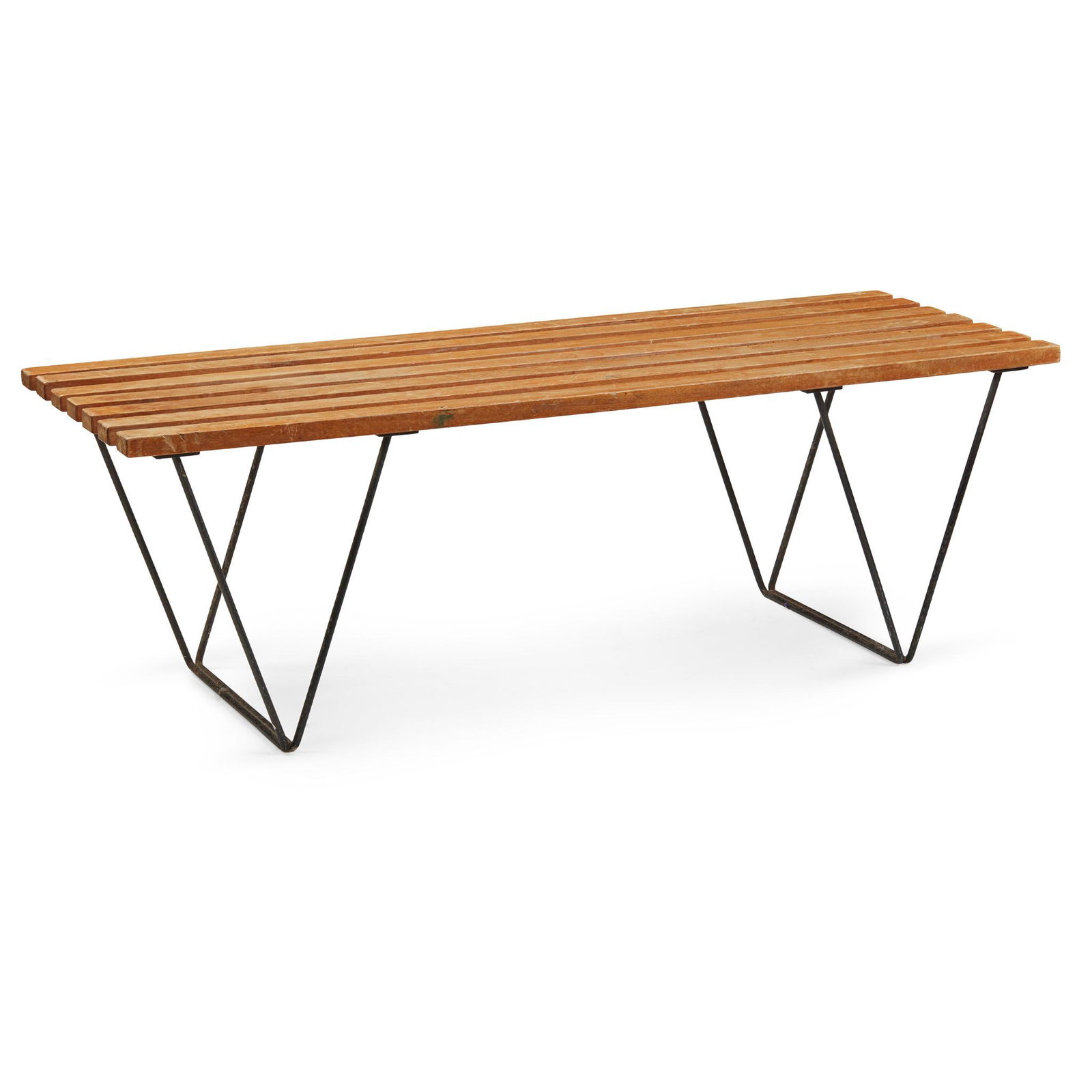 § Robin Day (British 1915-2010) Bench, designed 1954: § Robin Day (British 1915-2010) Bench, designed 1954 mahogany and wrought steel (41cm high, 121cm long, 46cm deep (16 1/8in high, 47 5/8in long, 18 1/8in deep))