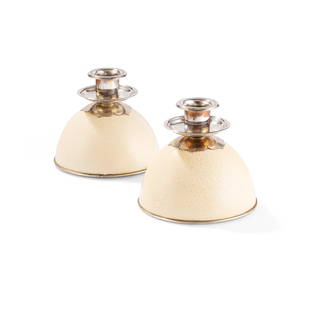 § Anthony Redmile (British 1940-) Pair of Candlestick Holders: § Anthony Redmile (British 1940-) Pair of Candlestick Holders each stamped REDMILE LONDON, ostrich egg and plated metal (11cm high (4 3/8in high)) Provenance Leon Moodley, who worked at Redmile i
