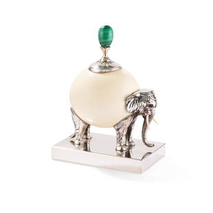 § Anthony Redmile (British 1940-) Elephant Box & Cover: § Anthony Redmile (British 1940-) Elephant Box & Cover stamped to base REDMILE LONDON, ostrich egg, plated metal, malachite, glass and resin (28cm high (11in high)) Provenance Leon Moodley, who w