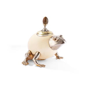 § Anthony Redmile (British 1940-) Frog Box and Cover: § Anthony Redmile (British 1940-) Frog Box and Cover ostrich egg, plated metal, hardstone finial and glass (20.5cm high (8in high)) Provenance Leon Moodley, who worked at Redmile in the 1970s, an