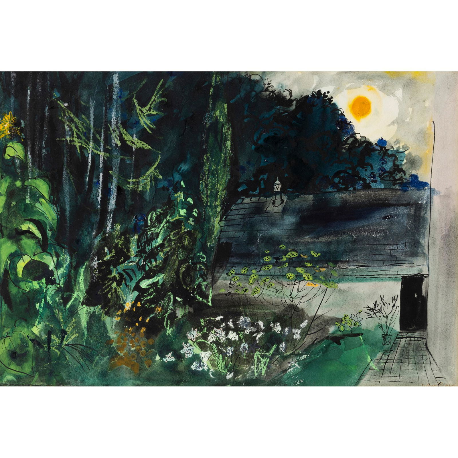 § John Piper C.H. (British 1903-1992) The Garden at Alltsadog, Dyfed, Wales, 1983: § John Piper C.H. (British 1903-1992) The Garden at Alltsadog, Dyfed, Wales, 1983 signed (lower right), titled and dated on a Marlborough Fine Art label (to reverse), watercolour and mixed media