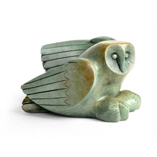 § Laurence Broderick M.R.B.S. F.R.S.A. (British 1935-) Barn Owl, 2008: § Laurence Broderick M.R.B.S. F.R.S.A. (British 1935-) Barn Owl, 2008 signed, dated and numbered 1/9, verdigris bronze (22cm high, 32cm wide, 23cm deep (8 5/8in high, 12 5/8in wide, 9in deep))