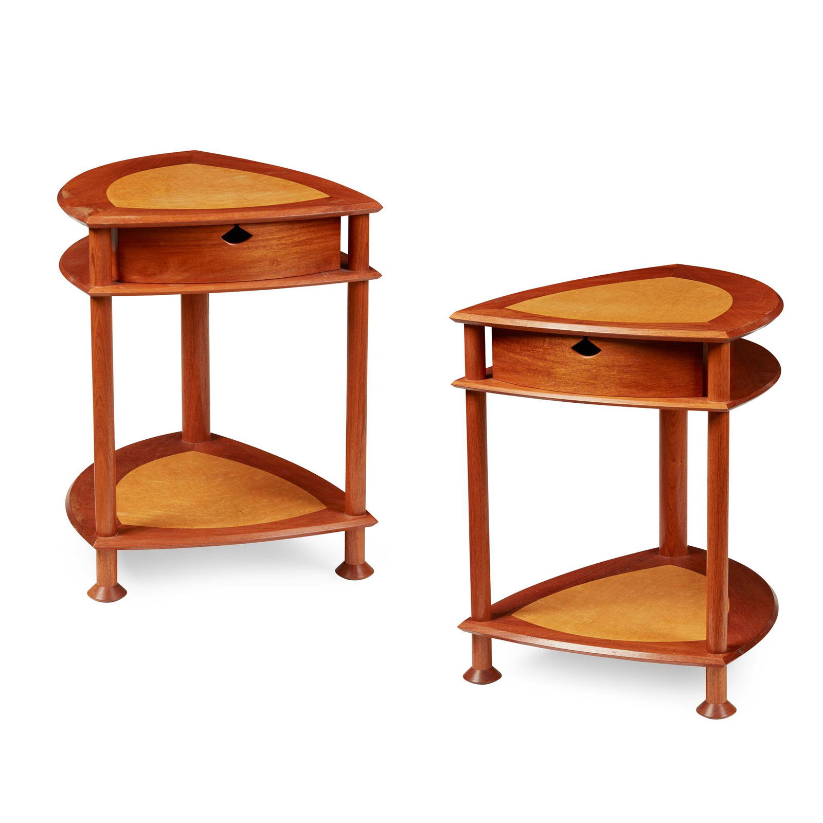 § John Makepeace O.B.E. (British 1939-) Pair of Tables / Cabinets: § John Makepeace O.B.E. (British 1939-) Pair of Tables / Cabinets each stamped JOHN MAKEPEACE, with inscription (under each top), walnut, birds eye maple and leather (67.5cm high, 51cm wide, 62.5