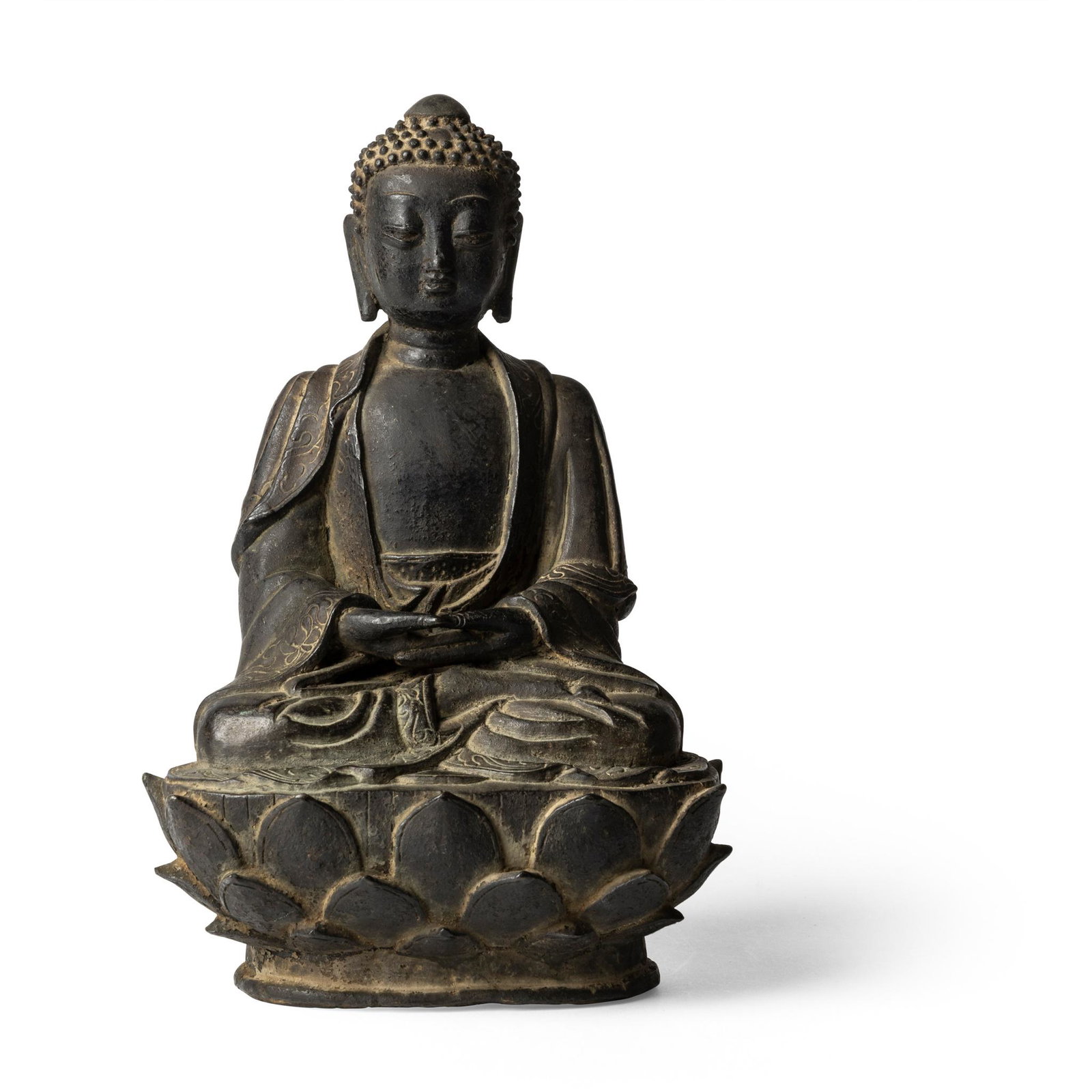 BRONZE SEATED BUDDHA MING DYNASTY, DATED TO 1573AD: BRONZE SEATED BUDDHA MING DYNASTY, DATED TO 1573AD 明 '萬曆元年十月內郭普軻劉妙蓮'刻款 銅胎&