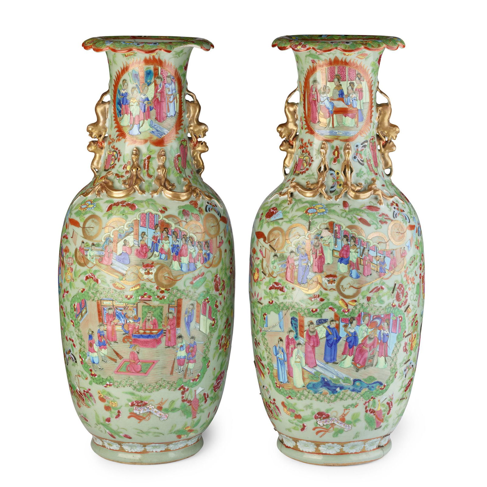 LARGE PAIR OF CELADON-GROUND CANTON FAMILLE ROSE BALUSTER VASES QING DYNASTY, 19TH CENTURY (1 of 4)