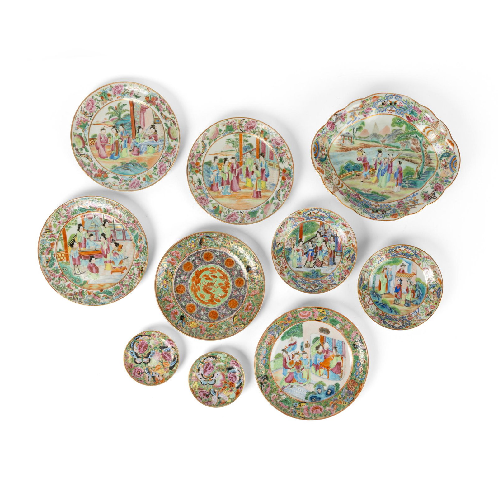 GROUP OF TEN CANTON FAMILLE ROSE PLATES AND SAUCERS QING DYNASTY, 19TH CENTURY: GROUP OF TEN CANTON FAMILLE ROSE PLATES AND SAUCERS QING DYNASTY, 19TH CENTURY 清 各色廣彩瓷盤（共十件） comprising: one circula