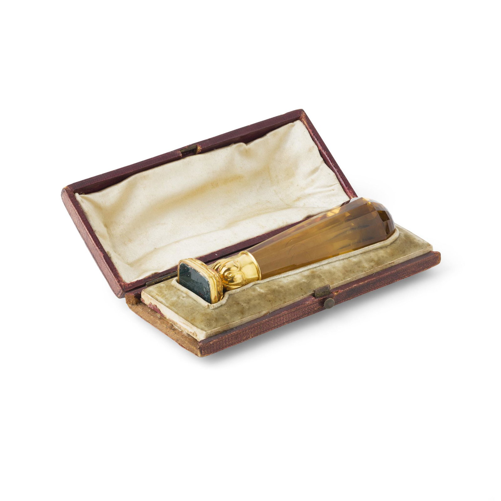 THE ARCHIBALD KENNEDY (1847-1938), 3RD MARQUESS OF AILSA AND EARL OF CASSILLIS, CULZEAN CASTLE DESK: the facetted tapered citrine handle with engraved crest within garter with motto surmounted by coronet to pommel, the stylised leaf clasped mount enclosing a rounded square bloodstone matrix finely en