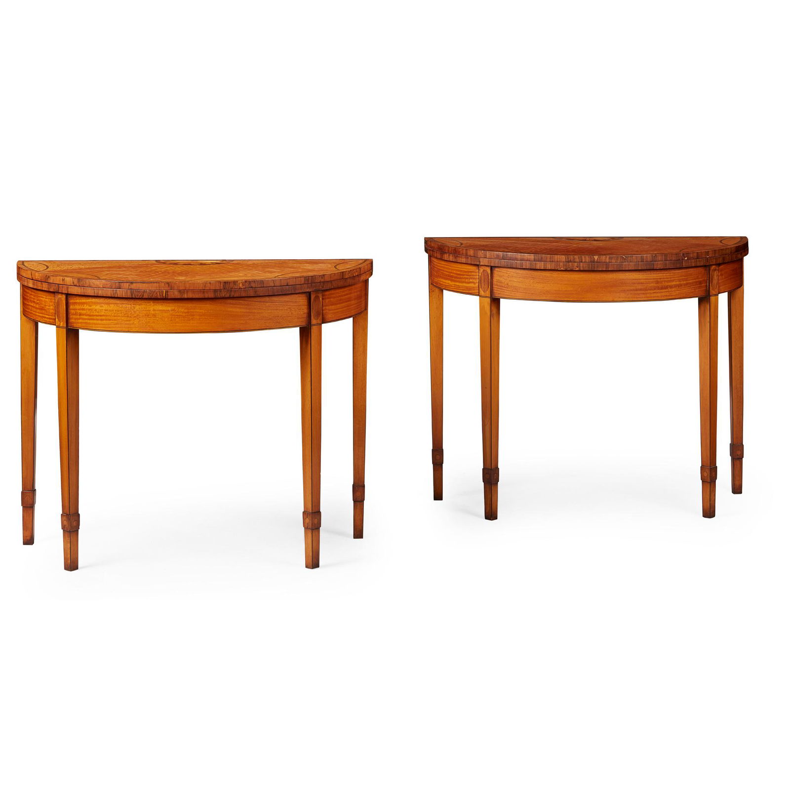 Y PAIR OF GEORGIAN STYLE SATINWOOD, ROSEWOOD, AND INLAID TEA TABLES OF RECENT MANUFACTURE: the crossbanded fold-over tops with foliate demi-paterae and fan line inlay, above plain friezes and raised on square tapered legs outlined with stringing, opening on double gatelegs(91.5cm high, 74cm