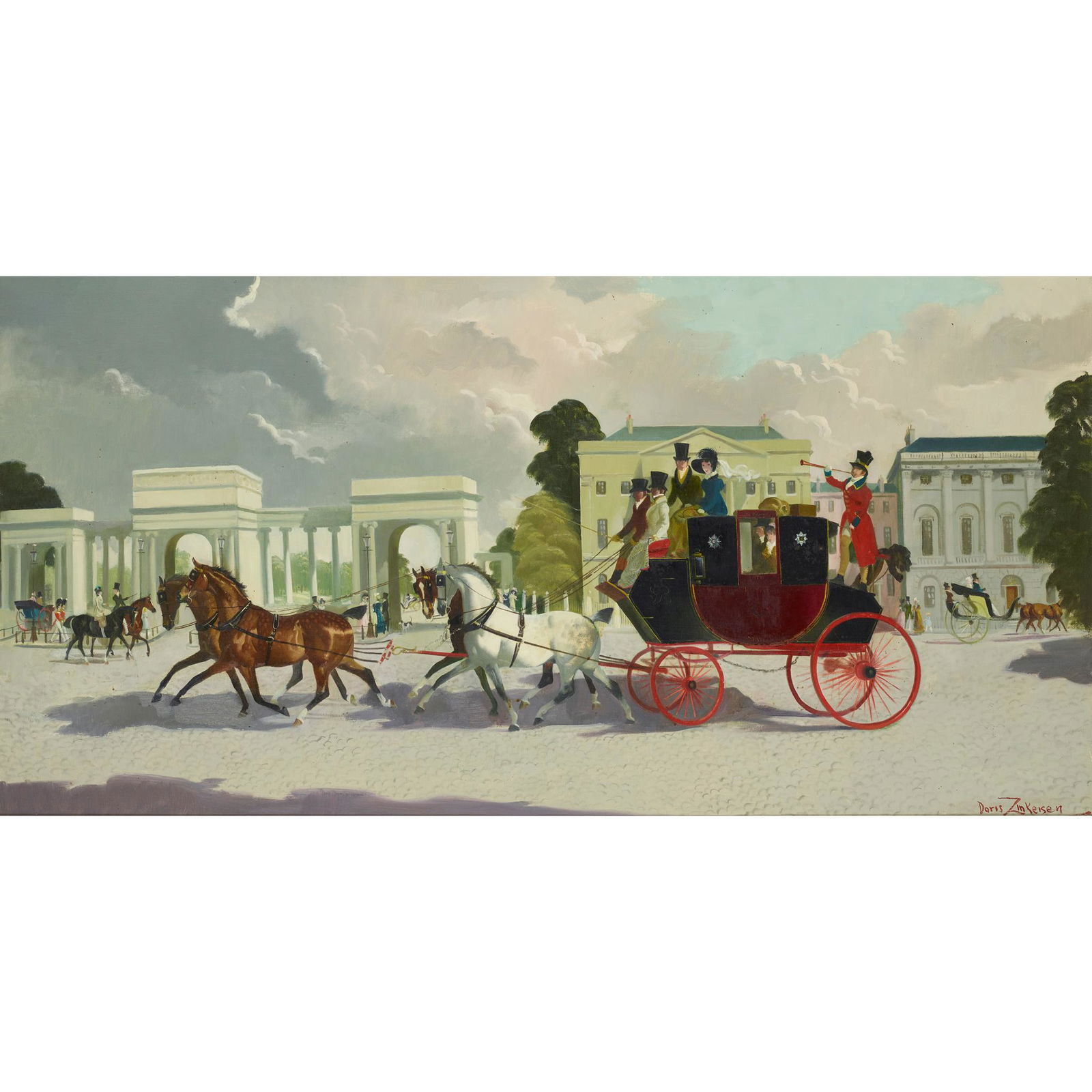 DORIS CLARE ZINKEISEN (BRITISH 1898-1990) THE ROYAL MAIL: Signed, oil on canvas(51cm x 102cm (20in x 40in))Provenance: Frost & Reed, 0/38317