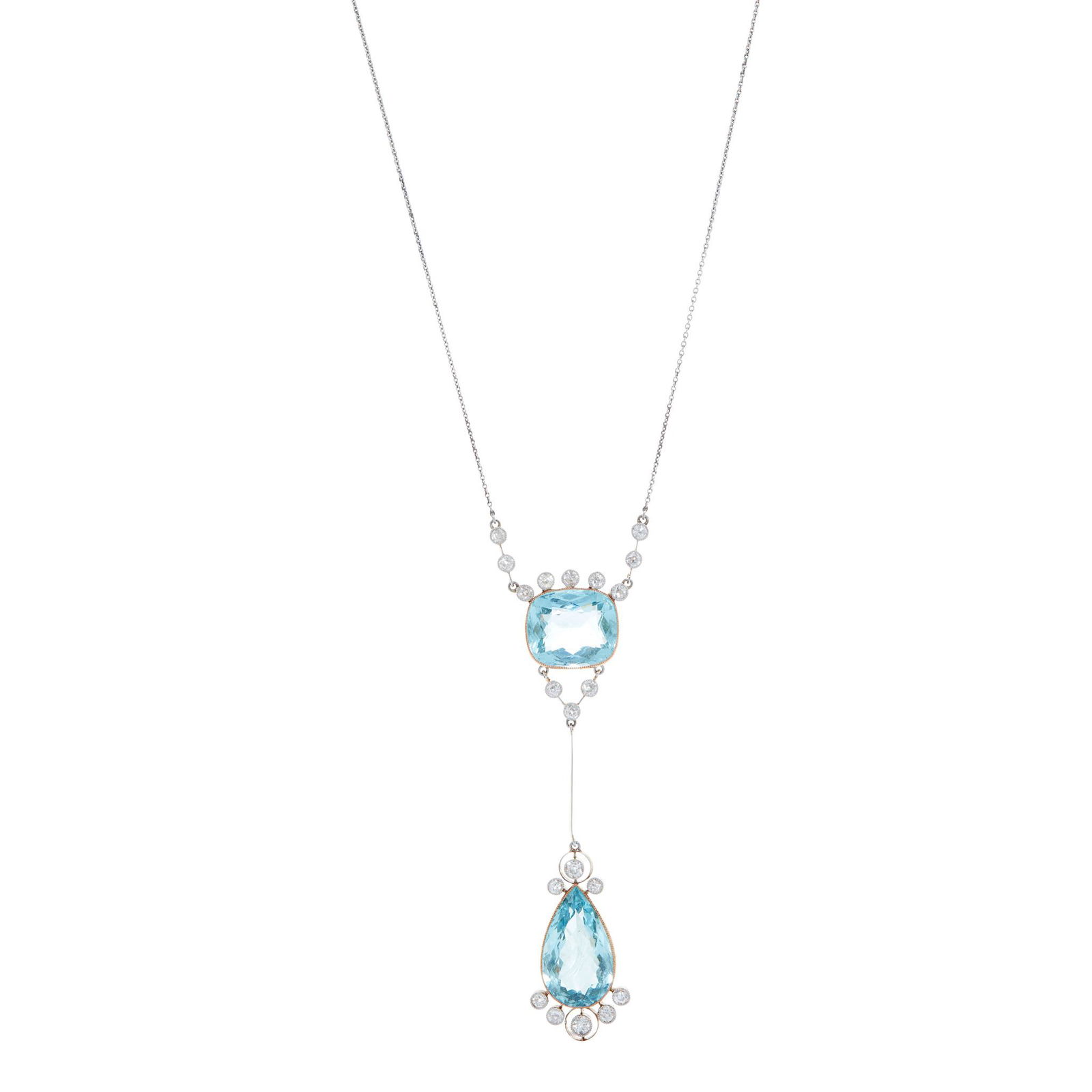 An early 20th century aquamarine and diamond pendant: millegrain-set with a cushion and a pear-shaped aquamarine, and old brilliant-cut diamonds on knife-edge bars, to a trace-link chain, unmarked; in a fitted tooled leather box(Length: 7.2cm)