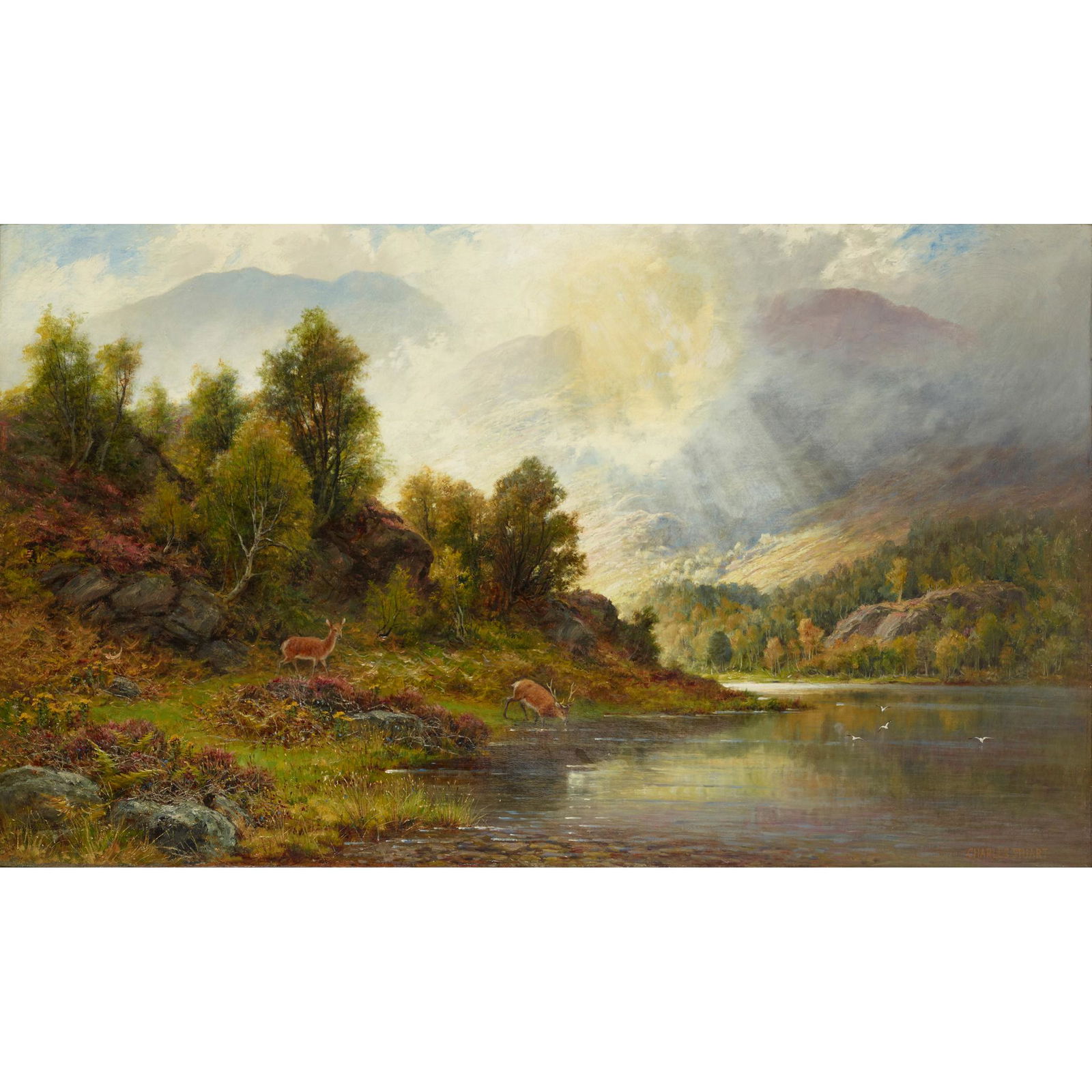 CHARLES STUART F.S.A. (SCOTTISH 1838-1907) THE HEART OF THE DEER FOREST: CHARLES STUART F.S.A. (SCOTTISH 1838-1907) THE HEART OF THE DEER FOREST Signed, inscribed with title on stretcher verso, oil on canvas (75cm x 126cm (30in x 50in))