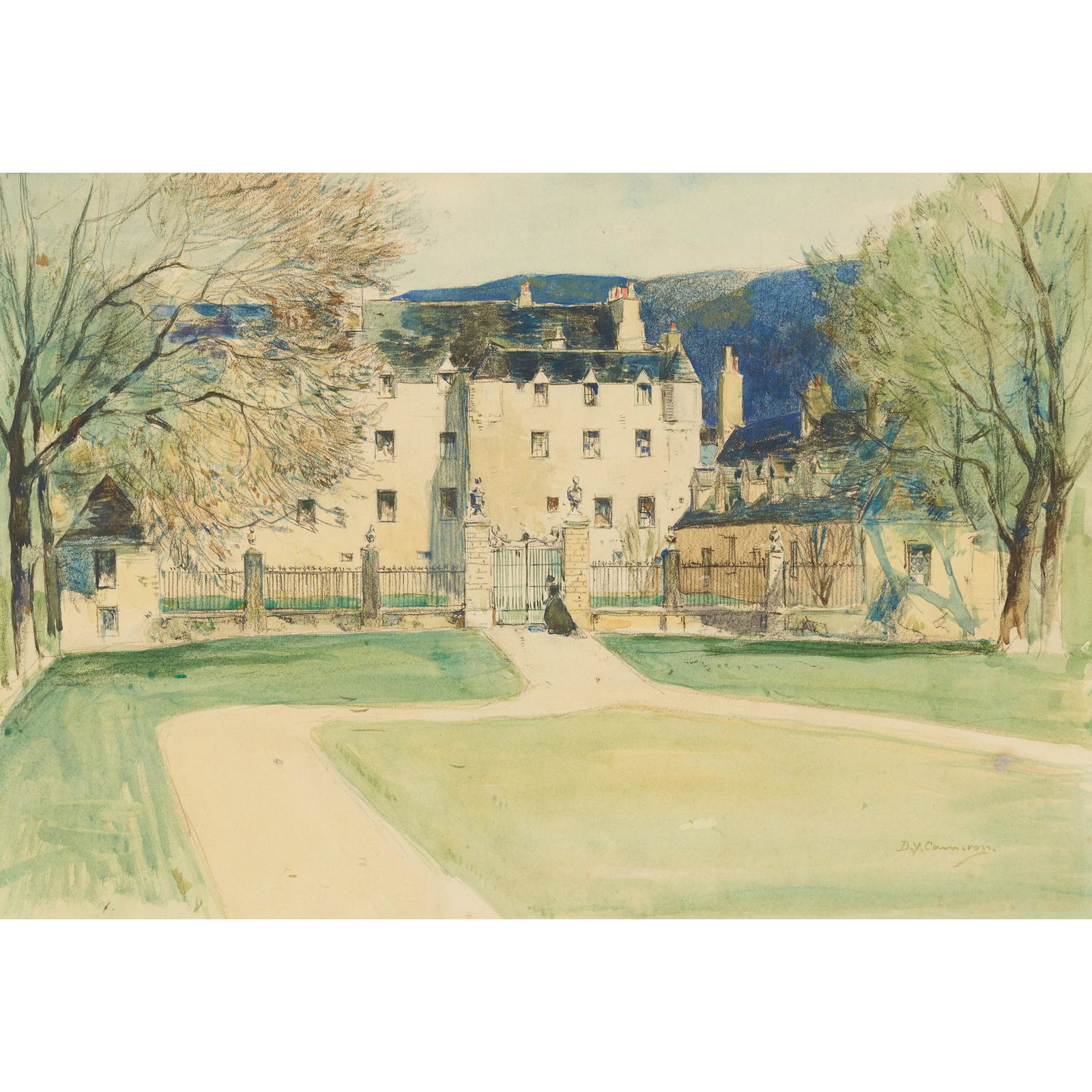 SIR DAVID YOUNG CAMERON R.A., R.S.A., R.W.S., R.S.W., R.E. (SCOTTISH 1865-1945) TRAQUAIR HOUSE,: SIR DAVID YOUNG CAMERON R.A., R.S.A., R.W.S., R.S.W., R.E. (SCOTTISH 1865-1945) TRAQUAIR HOUSE, PEEBLES Signed, pen and ink and watercolour (25.5cm x 36cm (10in x 14in)) Provenance: The Fine Art Socie