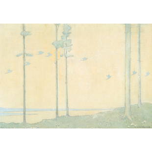 ERNEST ARCHIBALD TAYLOR (SCOTTISH 1874-1951) BIRDS IN FLIGHT OVER FIRS: ERNEST ARCHIBALD TAYLOR (SCOTTISH 1874-1951) BIRDS IN FLIGHT OVER FIRS Signed, mixed media on linen (25.5cm x 38cm (10in x 15in))