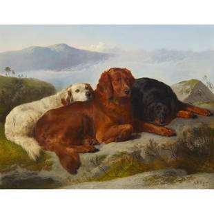 GEORGE WILLIAM HORLOR (BRITISH 1823-1895) GUNDOGS ON A ROCKY OUTCROP: GEORGE WILLIAM HORLOR (BRITISH 1823-1895) GUNDOGS ON A ROCKY OUTCROP Signed and dated 1866, oil on canvas (86cm x 111cm (33.75in x 43.75in))