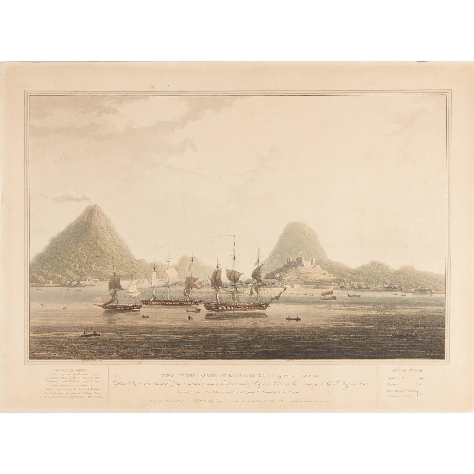 Indonesia View of the Island of Banda-Neira: Indonesia View of the Island of Banda-Neira ... Captured by a Force landed from a Squadron under the Command of Captain Cole, in the Morning of the 9th August 1810. Engrav'd from a Sketch taken by Cap