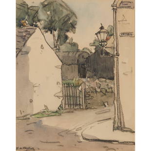 § ERNEST ARCHIBALD TAYLOR (SCOTTISH 1874-1951) A STREET CORNER, KIRKCUDBRIGHT: § ERNEST ARCHIBALD TAYLOR (SCOTTISH 1874-1951) A STREET CORNER, KIRKCUDBRIGHT Signed lower left, watercolour and conté (27.5cm x 21.75cm (10.75in x 8.5in)) Exhibited: The Royal Glasgow Insti