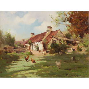 § ROBERT RUSSELL MACNEE R.G.I. (SCOTTISH 1880-1952) HENS IN A FARMYARD: § ROBERT RUSSELL MACNEE R.G.I. (SCOTTISH 1880-1952) HENS IN A FARMYARD Signed, oil on canvas (33cm x 46cm (13in x 18in))