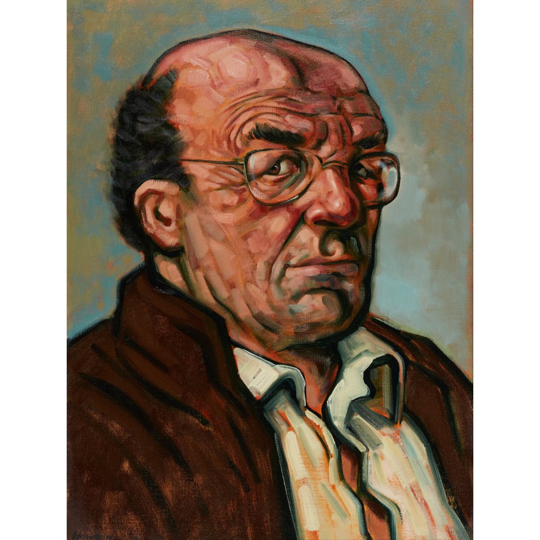§ PETER HOWSON O.B.E. (SCOTTISH 1958-) PORTRAIT OF ROBERT HELLER: Â§ PETER HOWSON O.B.E. (SCOTTISH 1958-) PORTRAIT OF ROBERT HELLER Signed lower left, oil on canvas (60cm x 45.5cm (23.5in x 17.75in)) Note: The sitter Robert Heller wrote the celebrated study on the