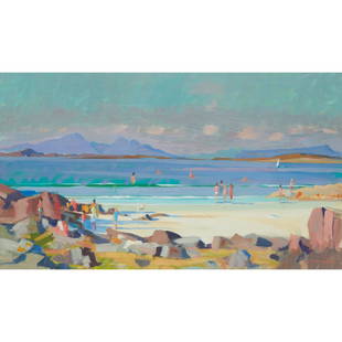 § JOHN CUNNINGHAM (SCOTTISH 1927-1998) SUNNY DAY ON THE WEST COAST: § JOHN CUNNINGHAM (SCOTTISH 1927-1998) SUNNY DAY ON THE WEST COAST Signed lower right, oil on canvas (49cm x 84cm (19.25in x 33in))