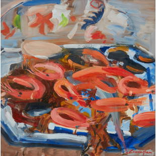§ JOHN CUNNINGHAM (SCOTTISH 1927-1998) SHELLFISH - 1996: § JOHN CUNNINGHAM (SCOTTISH 1927-1998) SHELLFISH - 1996 Signed lower right, signed, titled and dated to artist's label verso, oil on board (34cm x 34cm (13.25in x 13.25in))