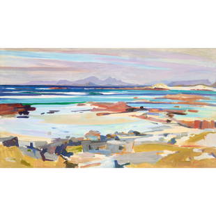 § JOHN CUNNINGHAM (SCOTTISH 1927-1998) GRIGADALE BAY, ARDNAMURCHAN - 1983: § JOHN CUNNINGHAM (SCOTTISH 1927-1998) GRIGADALE BAY, ARDNAMURCHAN - 1983 Signed lower right, signed, titled and dated to artist's label verso, oil on canvas (64cm x 114cm (25.25in x 44.75in))