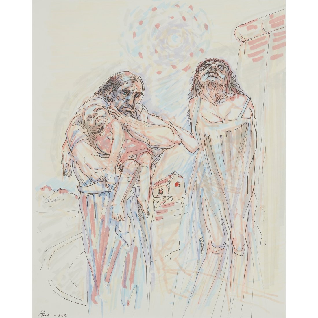 § PETER HOWSON O.B.E. (SCOTTISH 1958-) DAVID AND BATHSHEBA - 2012: Â§ PETER HOWSON O.B.E. (SCOTTISH 1958-) DAVID AND BATHSHEBA - 2012 Signed and dated lower left, mixed media (49.5cm x 40cm (19.5in x 15.75in))