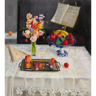 § JOHN CUNNINGHAM (SCOTTISH 1927-1998) STILL LIFE WITH MUSIC STAND: § JOHN CUNNINGHAM (SCOTTISH 1927-1998) STILL LIFE WITH MUSIC STAND Signed lower right, signed and titled to artist's labels verso, oil on canvas (100cm x 90cm (39.25in x 35.5in))