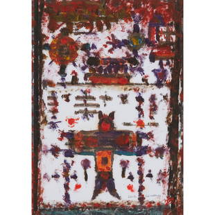 § ALAN DAVIE C.B.E., R.A., H.R.S.A. (SCOTTISH 1920-2014) UNTITLED OG.3993 - 2012: § ALAN DAVIE C.B.E., R.A., H.R.S.A. (SCOTTISH 1920-2014) UNTITLED OG.3993 - 2012 Signed and dated lower right, oil on printed paper (28.5cm x 20.5cm (11.25in x 8in)) Provenance: Gimpel Fils; D&B Ar