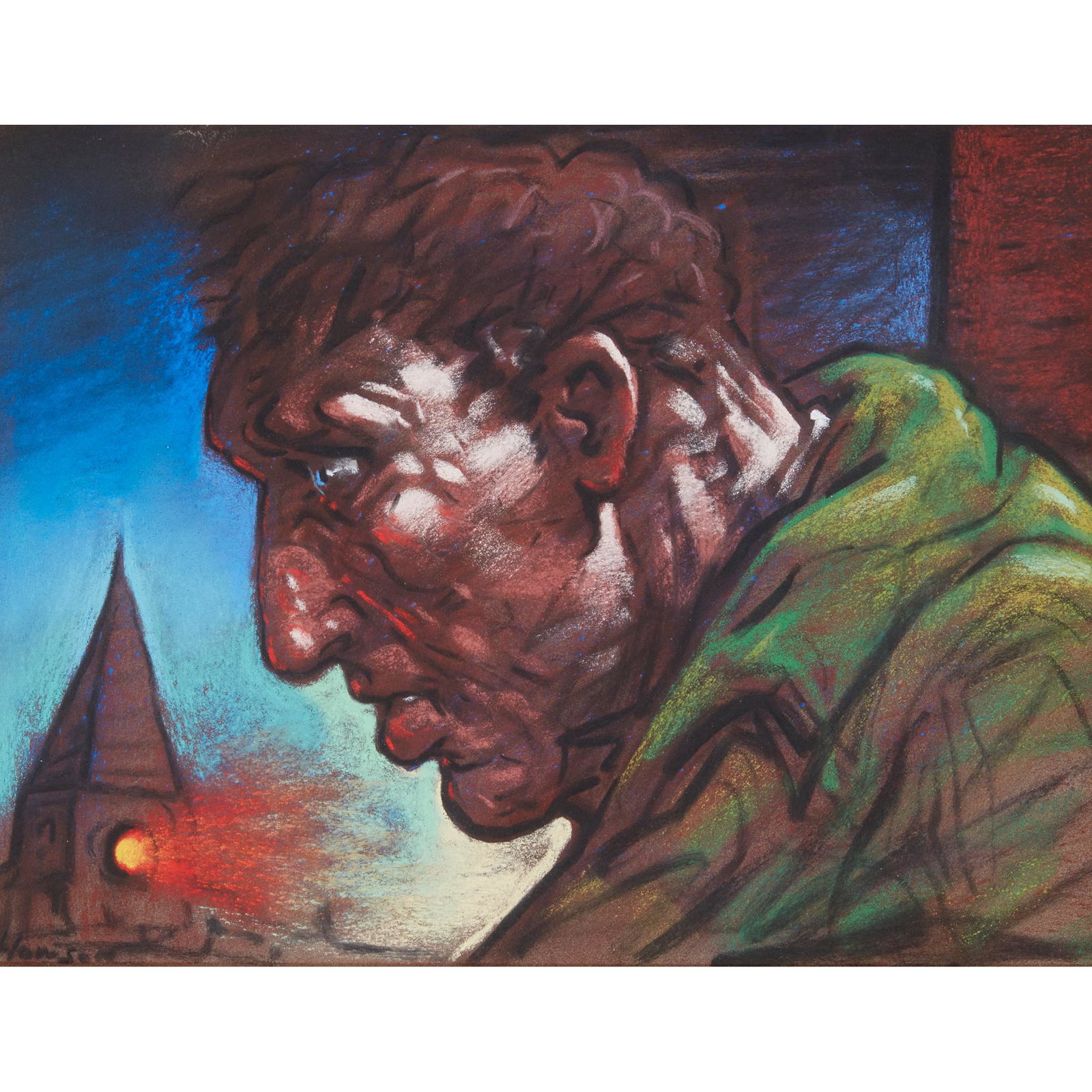 § PETER HOWSON O.B.E. (SCOTTISH 1958-) GLASGOW FIGURE: Â§ PETER HOWSON O.B.E. (SCOTTISH 1958-) GLASGOW FIGURE Signed lower left, pastel on brown paper (22cm x 29cm (8.75in x 11.5in))