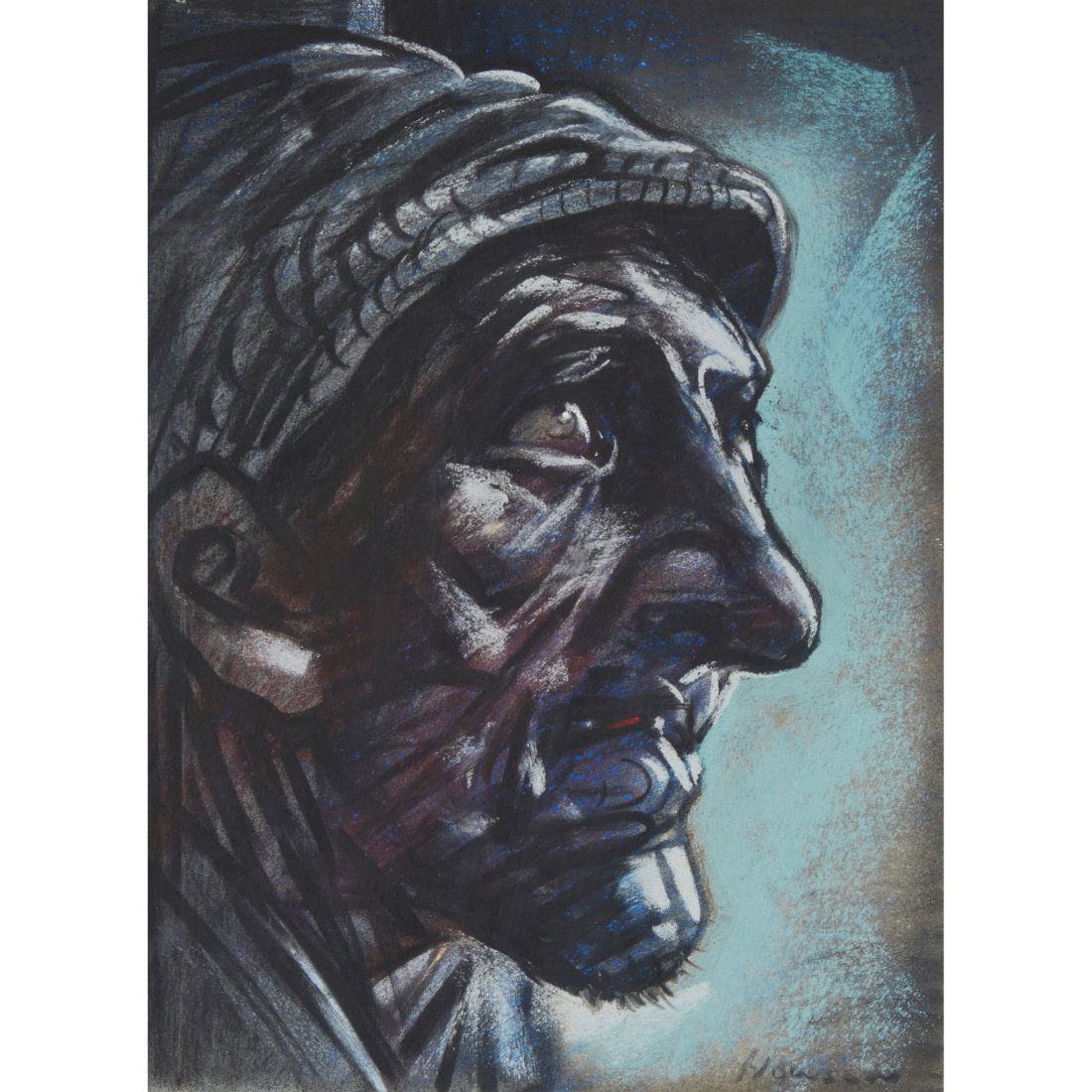 § PETER HOWSON O.B.E. (SCOTTISH 1958-) STUDY FOR ONE OF THE EXECUTIONERS: Â§ PETER HOWSON O.B.E. (SCOTTISH 1958-) STUDY FOR ONE OF THE EXECUTIONERS Signed lower right, pastel on dark paper (29cm x 21.5cm (11.5in x 8.5in)) Provenance: City Art Centre, Edinburgh, 'Peter How
