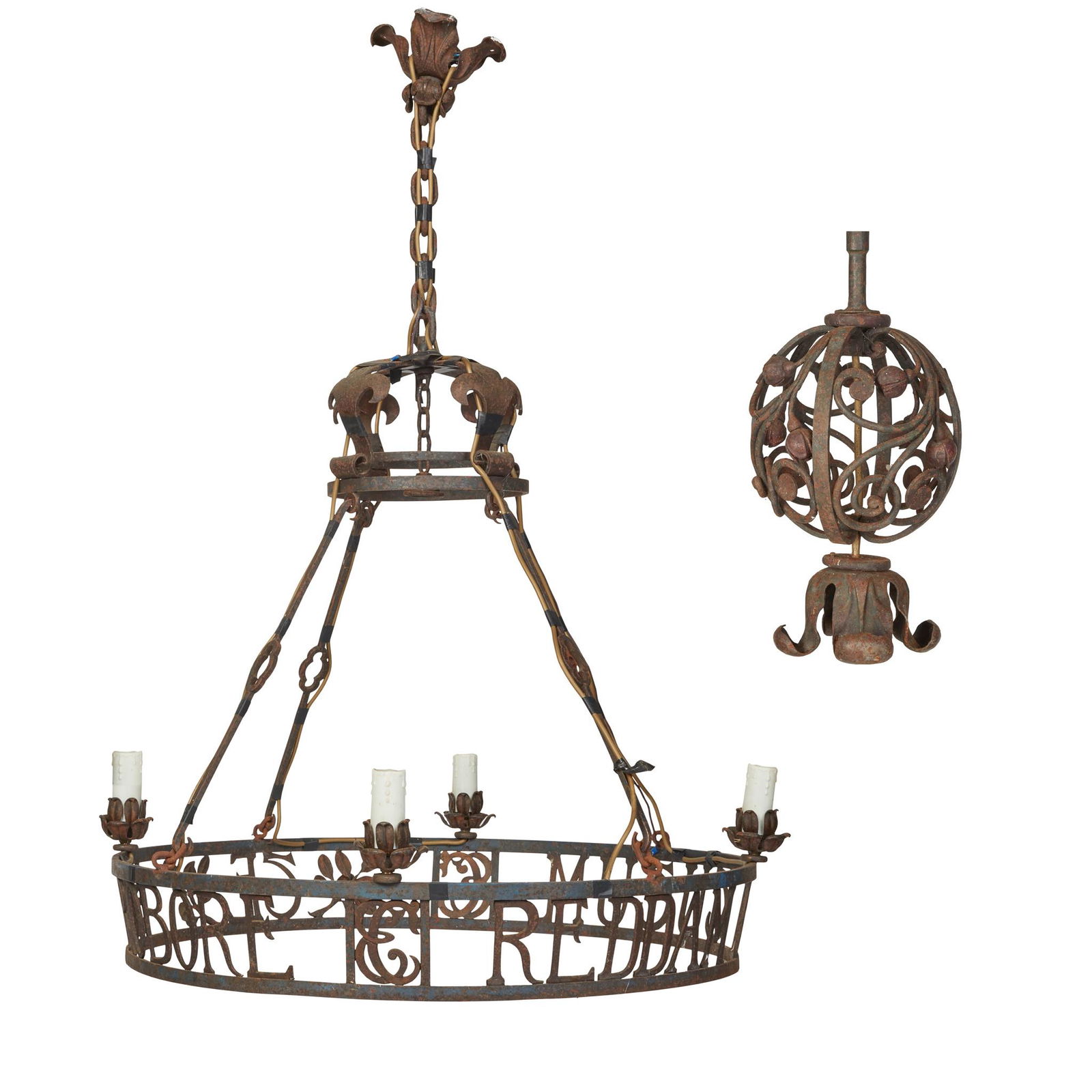 WROUGHT IRON CHANDELIER, OF CLAN CRAWFORD INTEREST 19TH CENTURY: WROUGHT IRON CHANDELIER, OF CLAN CRAWFORD INTEREST 19TH CENTURY the corona composed of fleurs-de-lis suspending a central orb of scrolls, boxwood sprigs and a pendant light fitting, within a wrought i