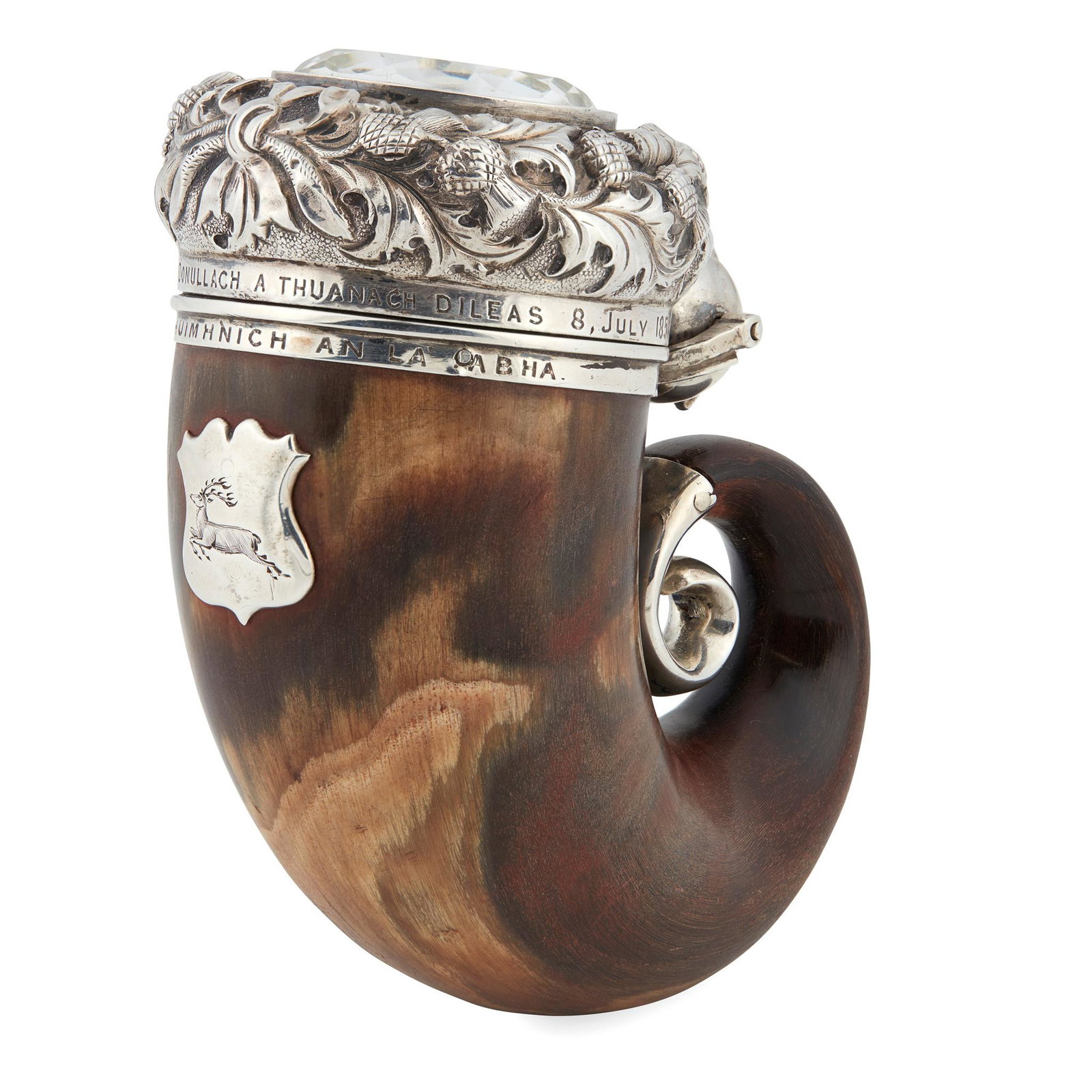 AN EARLY VICTORIAN SNUFF MULL: AN EARLY VICTORIAN SNUFF MULL the polished tapered curly cow horn body with applied silver terminal and applied silver shield with crest, the hinged lid with ball socket, chased thistle decoration and